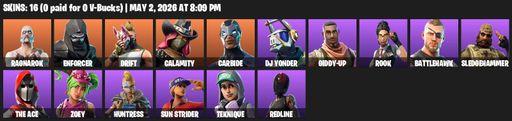 [PC/PSN/XBOX] | 16 skins | 1050 V-bucks | Ragnarok | Enforcer | Drift | Calamity | Carbide | DJ Yonder | Giddy-up | Rook | Battlehawk | Sledgehammer | Full Access