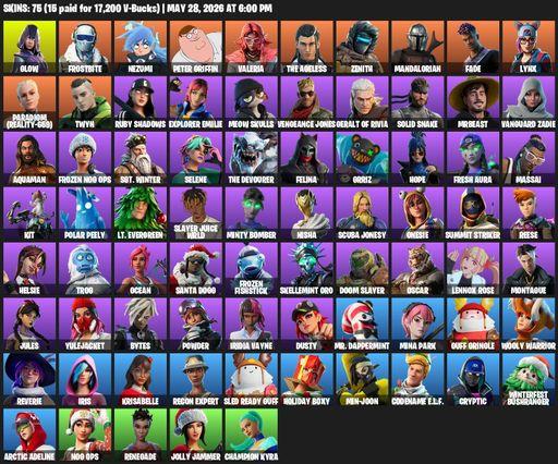 [PC/PSN/XBOX] | 75 skins | 500 V-bucks | Reaper Axe | Glow | Frostbite | Nezumi | Peter Griffin | Valeria | The Ageless | Zenith | Mandalorian | Fade | Full Access