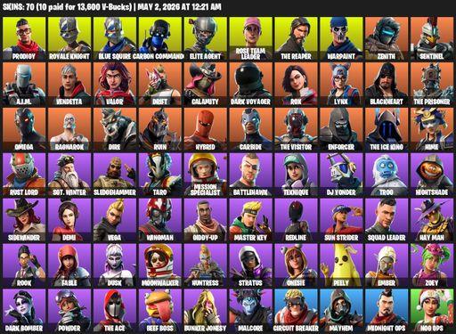 [PC/PSN/XBOX] | 70 skins | Take The L | Floss | OG STW | Royale Knight | The Reaper | Elite Agent | Blue Squire | Omega | Prodigy | Carbon Commando | Full Access