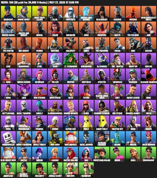 [PC/XBOX] | 106 skins | OG STW | Omega | Reaper Axe | Warpaint | Rogue Agent | Rose Team Leader | A.I.M. | Frostbite | Frozen Love Ranger | Blackheart | Full Access