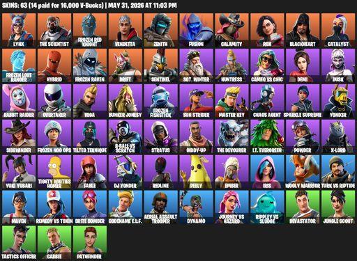 [PC/PSN/XBOX] | 63 skins | Aerial Assault Trooper | Lynx | The Scientist | Frozen Red Knight | Vendetta | Zenith | Fusion | Calamity | Rox | Full Access