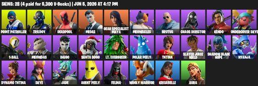 [PC/XBOX] | 28 skins | 600 V-bucks | Point Patroller | Trilogy | Deadpool | Midas | Gear Specialist Maya | Meowscles | Brutus | Chaos Director | Kendo | Full Access