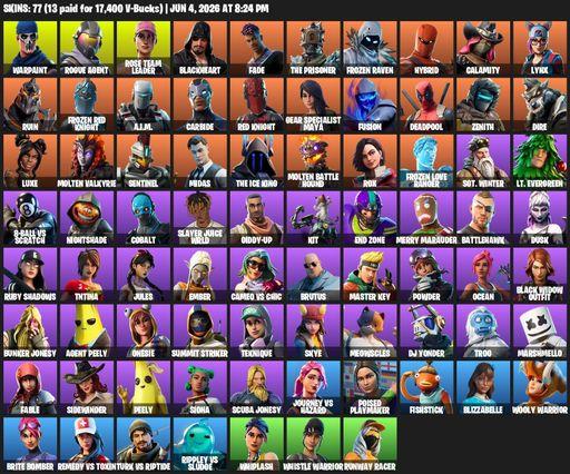 [PC/PSN/XBOX] | 77 skins | 1250 V-bucks | Merry Mint Axe | OG STW | Reaper Axe | Warpaint | Rogue Agent | Rose Team Leader | Blackheart | Fade | Full Access