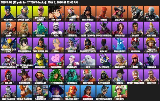 [PC/PSN/XBOX] | 58 skins | Leviathan Axe | Take The L | OG STW | Warpaint | Rogue Agent | Rose Team Leader | Son Goku | Drift | Blackheart | Hybrid | Full Access