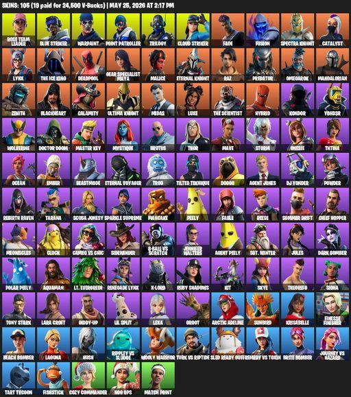 [PC/XBOX] | 105 skins | 2000 V-bucks | Leviathan Axe | OG STW | Lara Croft | Rose Team Leader | Blue Striker | Warpaint | Point Patroller | Trilogy | Full Access