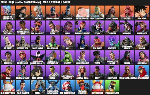 [PC/PSN/XBOX] | 58 skins | Renzo the Destroyer | Era | Mizuki | Optimus Prime | Omegarok | Peter Griffin | Spectra Knight | Kado Thorne | Valeria | Full Access