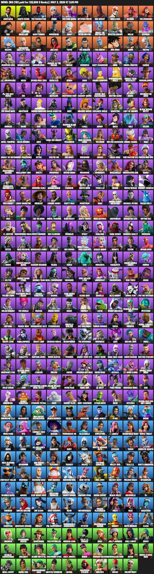 [PC/XBOX] | 369 skins | John Wick | Darth Vader | The Foundation | Torin | The Cube Queen | Optimus Prime | Red Knight | Wild Card | Valeria | Full Access