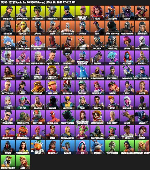 [PC] | 102 skins | Take The L | OG STW | The Reaper | Elite Agent | Omega | Rogue Agent | Trailblazer | Warpaint | Rose Team Leader | Valor | Full Access