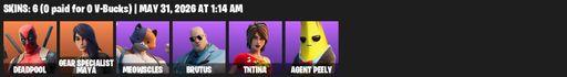 [PC/PSN/XBOX] | 6 skins | 900 V-bucks | Deadpool | Gear Specialist Maya | Meowscles | Brutus | TNTina | Agent Peely | Solid Scratch | TNTeeth | Full Access