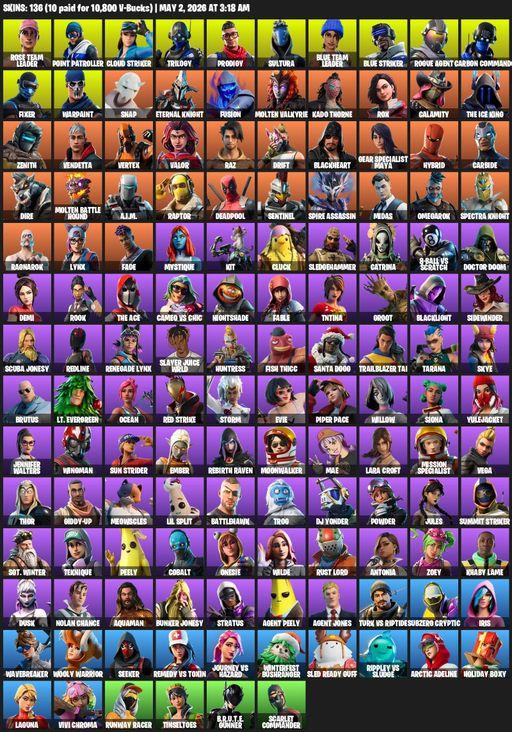 [PC/PSN/XBOX] | 136 skins | 500 V-bucks | Merry Mint Axe | Take The L | OG STW | Lara Croft | Rose Team Leader | Point Patroller | Cloud Striker | Full Access