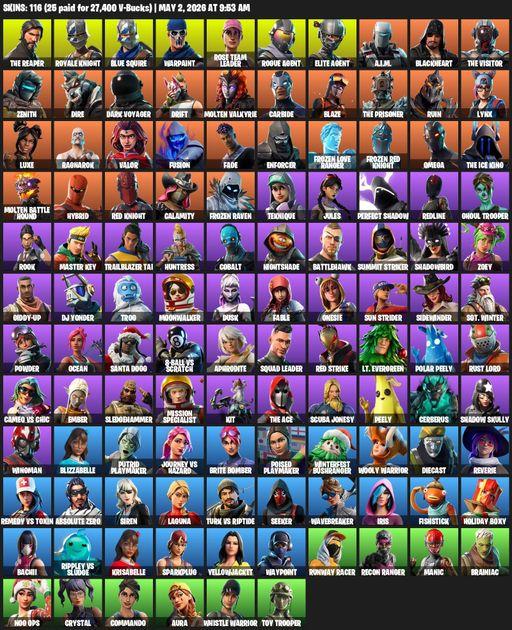[PC/PSN/XBOX] | 116 skins | Take The L | OG STW | Royale Knight | The Reaper | Elite Agent | Blue Squire | Omega | Warpaint | Rose Team Leader | Full Access