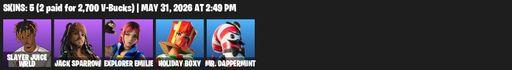 [PC/XBOX] | 5 skins | Slayer Juice WRLD | Jack Sparrow | Explorer Emilie | Holiday Boxy | Mr. Dappermint | Secret Scimitars | Crimson Polestar | Full Access
