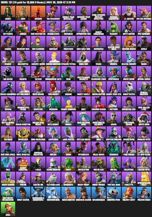 [PC/XBOX] | 131 skins | 1000 V-bucks | Renegade Raider | Reaper Axe | Hades | Zeus | Inferno | The Machinist | Cuddle Team Specialist | Full Access