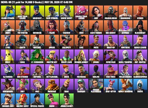 [PC/PSN/XBOX] | 65 skins | 700 V-bucks | OG STW | Omega | Reaper Axe | Cloud Striker | Rose Team Leader | Warpaint | Blue Striker | Rogue Agent | Full Access