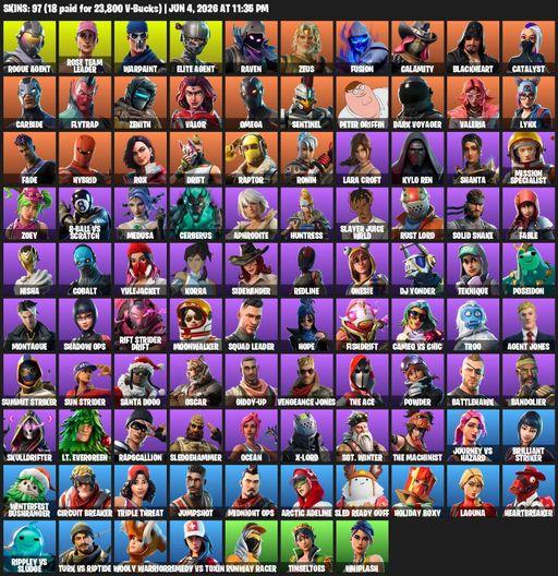[PC/PSN/XBOX] | 97 skins | 750 V-bucks | Take The L | OG STW | Elite Agent | Omega | Lara Croft | Rogue Agent | Rose Team Leader | Warpaint | Raven | Full Access