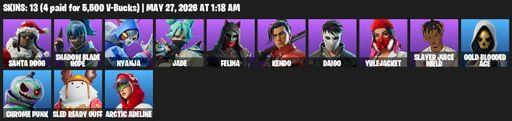 [PC/PSN] | 13 skins | 900 V-bucks | Santa Dogg | Shadow Blade Hope | Nyanja | Jade | Felina | Kendo | Daigo | Yulejacket | Slayer Juice WRLD | Full Access