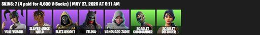 [PC/PSN/XBOX] | 7 skins | Yuki Yubari | Slayer Juice WRLD | Blitz Knight | Felina | Vanguard Zadie | Scarlet Commander | Scarlet Defender | Full Access