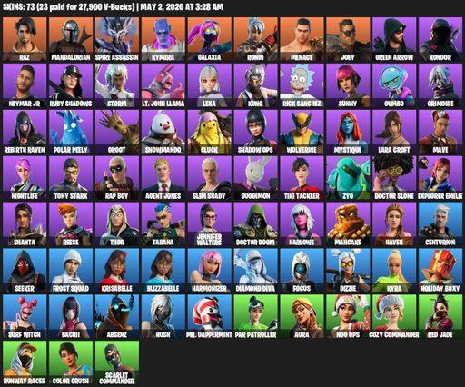[PC] | 73 skins | Leviathan Axe | Lara Croft | Raz | Mandalorian | Spire Assassin | Kymera | Galaxia | Ronin | Menace | Joey | Green Arrow | Kondor | Full Access
