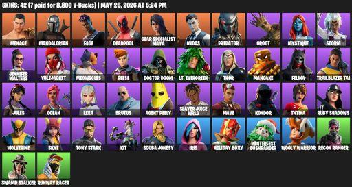 [PC/PSN/XBOX] | 42 skins | Reaper Axe | Menace | Mandalorian | Fade | Deadpool | Gear Specialist Maya | Midas | Predator | Groot | Mystique | Storm | Full Access
