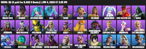 [PC] | 30 skins | 1200 V-bucks | Heroic Hope | Danica | Hatsune Miku | Gale | Shuri | Malibu | The Bride | Snow Miku | FIRE Master Kai | Doom | Full Access