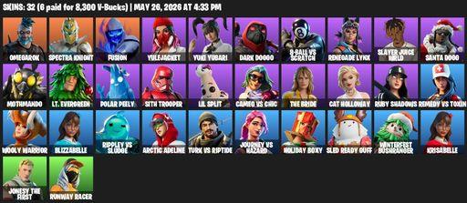 [PC/PSN/XBOX] | 32 skins | 500 V-bucks | Merry Mint Axe | Omegarok | Spectra Knight | Fusion | Yulejacket | Yuki Yubari | Dark Doggo | Full Access