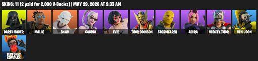 [PC/PSN/XBOX] | 11 skins | 650 V-bucks | Darth Vader | Malik | Snap | Sabina | Evie | Thor Odinson | Stormfarer | Adira | Mighty Thor | Min-joon | Full Access