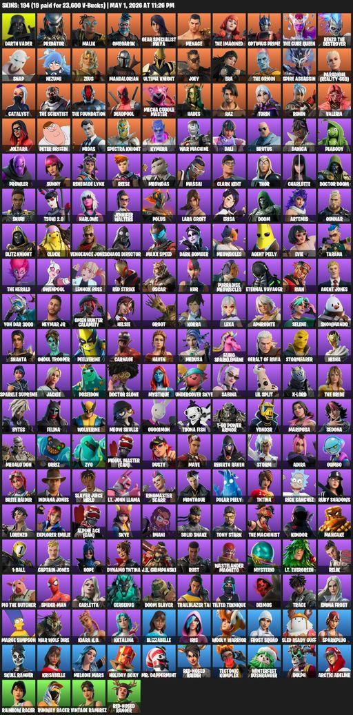 [PC/PSN/XBOX] | 194 skins | 2450 V-bucks | Leviathan Axe | Lara Croft | Darth Vader | Predator | Malik | Omegarok | Gear Specialist Maya | Menace | Full Access