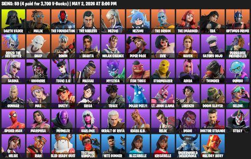 [PC/PSN/XBOX] | 59 skins | 1100 V-bucks | Darth Vader | Malik | The Foundation | The Ageless | Mizuki | Nezumi | The Origin | The Imagined | Era | Full Access