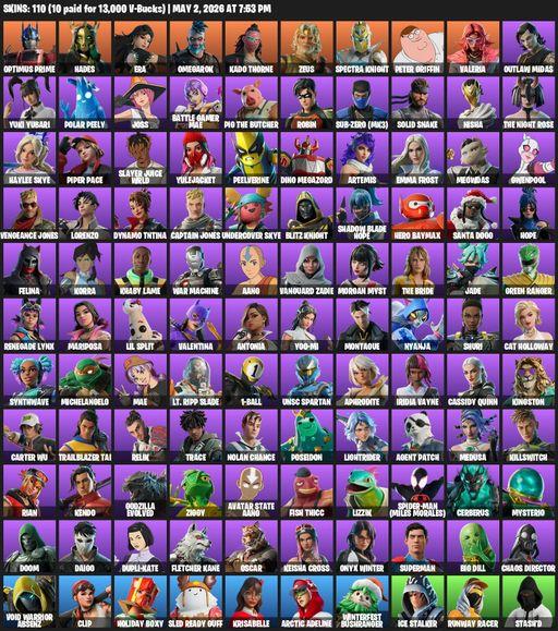 [PC] | 110 skins | Optimus Prime | Hades | Era | Omegarok | Kado Thorne | Zeus | Spectra Knight | Peter Griffin | Valeria | Outlaw Midas | Yuki Yubari | Full Access