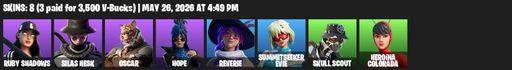 [PC/PSN] | 8 skins | Ruby Shadows | Silas Hesk | Oscar | Hope | Reverie | Summitseeker Evie | Skull Scout | Heroína Colorada | Shadow Slicer | Full Access