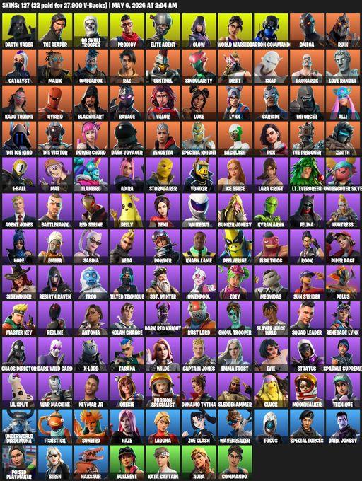 [PC/XBOX] | 127 skins | 750 V-bucks | Leviathan Axe | Take The L | OG Skull Trooper | The Reaper | Elite Agent | Omega | Lara Croft | Darth Vader | Full Access