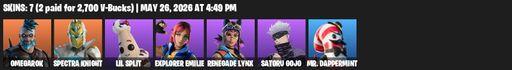 [PC/PSN] | 7 skins | 550 V-bucks | Omegarok | Spectra Knight | Lil Split | Explorer Emilie | Renegade Lynx | Satoru Gojo | Mr. Dappermint | Full Access