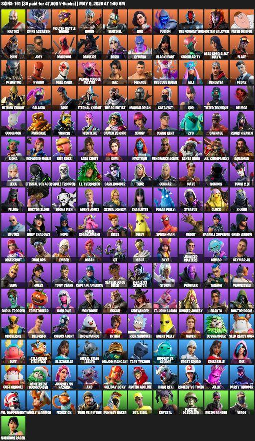 [PC/PSN] | 161 skins | 1250 V-bucks | Lara Croft | Reaper Axe | Kratos | Spire Assassin | Molten Battle Hound | Ronin | Sentinel | Rox | Fusion | Full Access