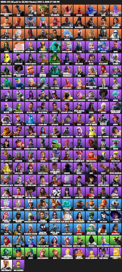 [PC] | 212 skins | Aerial Assault Trooper | Lara Croft | Reaper Axe | Gear Specialist Maya | Fade | Midas | Rex | The Ageless | Deadpool | Inferno | Full Access