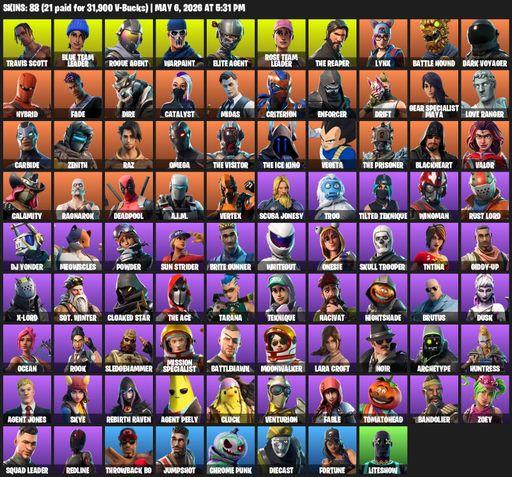 [PC/XBOX] | 88 skins | 850 V-bucks | Take The L | OG STW | Travis Scott | The Reaper | Elite Agent | Omega | Lara Croft | Blue Team Leader | Full Access