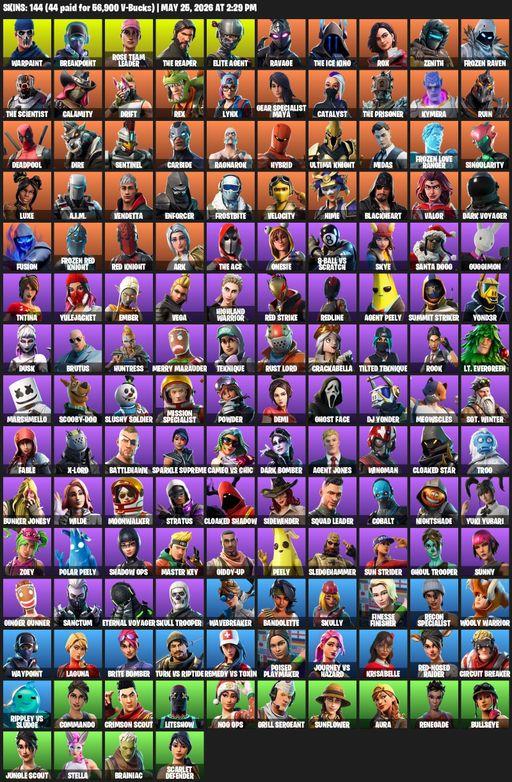[PC] | 144 skins | Take The L | OG STW | The Reaper | Elite Agent | Warpaint | Breakpoint | Rose Team Leader | Ravage | The Ice King | Rox | Zenith | Full Access