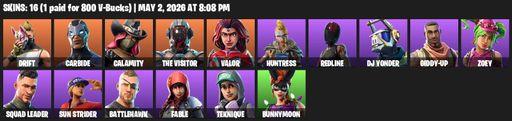 [PC/XBOX] | 16 skins | Drift | Carbide | Calamity | The Visitor | Valor | Huntress | Redline | DJ Yonder | Giddy-up | Zoey | Squad Leader | Full Access