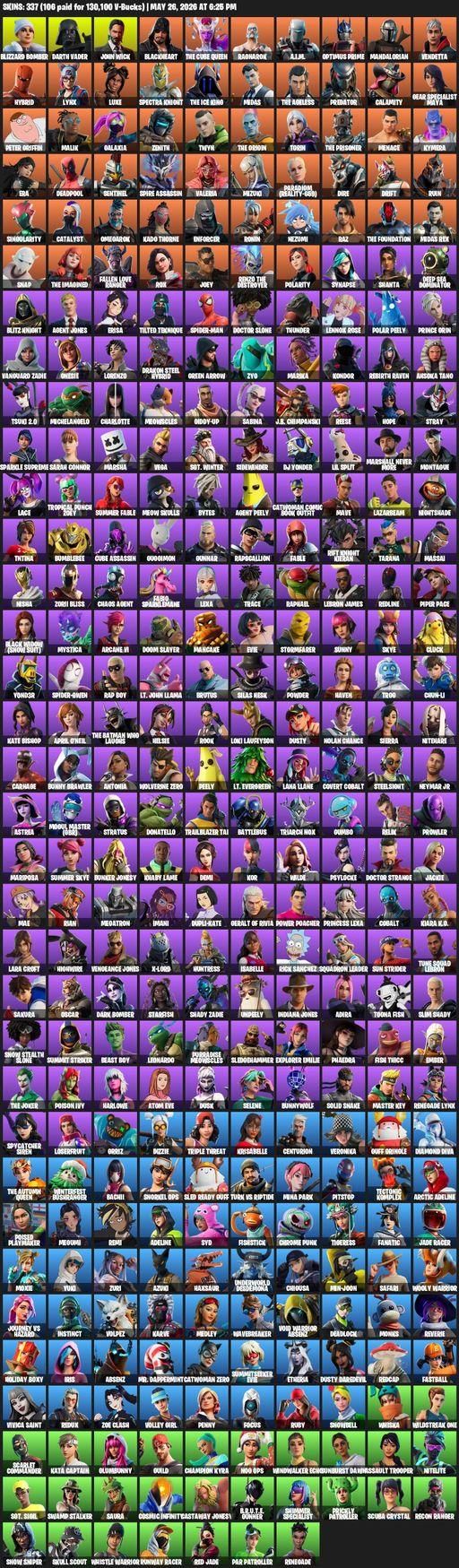 [PC] | 337 skins | 1350 V-bucks | Leviathan Axe | Lara Croft | Blizzard Bomber | Darth Vader | John Wick | Blackheart | The Cube Queen | Ragnarok | Full Access