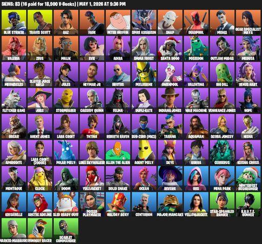 [PC/PSN/XBOX] | 83 skins | Travis Scott | Lara Croft | Blue Striker | Raz | Fade | Peter Griffin | Spire Assassin | Snap | Deadpool | Midas | Full Access