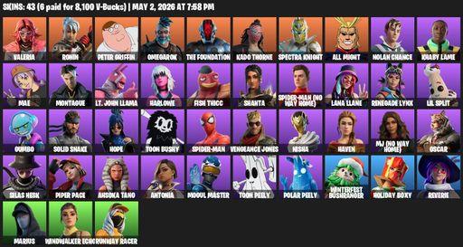 [PC/PSN/XBOX] | 43 skins | Valeria | Ronin | Peter Griffin | Omegarok | The Foundation | Kado Thorne | Spectra Knight | All Might | Nolan Chance | Full Access