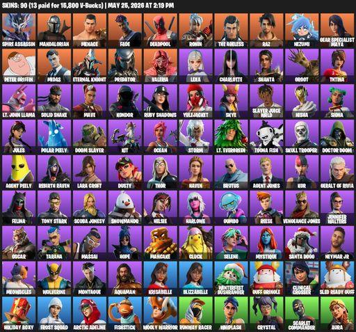 [PC/PSN/XBOX] | 90 skins | 650 V-bucks | Lara Croft | Reaper Axe | Spire Assassin | Mandalorian | Menace | Fade | Deadpool | Ronin | The Ageless | Raz | Full Access
