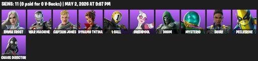 [PC/PSN/XBOX] | 11 skins | 500 V-bucks | Emma Frost | War Machine | Captain Jones | Dynamo TNTina | 1-Ball | Gwenpool | Doom | Mysterio | Shuri | Full Access