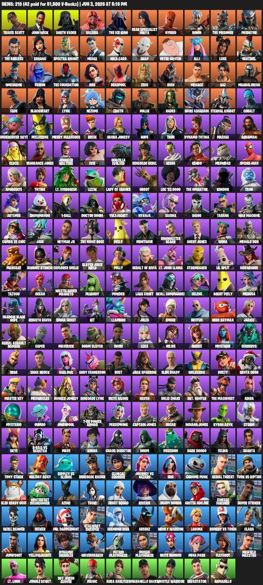 [PC/XBOX] | 219 skins | Renegade Raider | Travis Scott | Lara Croft | John Wick | Darth Vader | Valeria | The Ice King | Gear Specialist Maya | Hybrid | Full Access