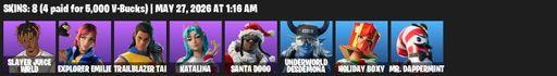 [PC/PSN/XBOX] | 8 skins | Slayer Juice WRLD | Explorer Emilie | Trailblazer Tai | Katalina | Santa Dogg | Underworld Desdemona | Holiday Boxy | Full Access