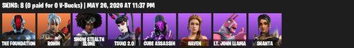 [PC/PSN/XBOX] | 8 skins | The Foundation | Ronin | Snow Stealth Slone | Tsuki 2.0 | Cube Assassin | Haven | Lt. John Llama | Shanta | Cube Edge | Full Access