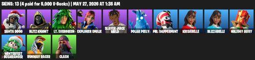 [PC/PSN/XBOX] | 13 skins | 700 V-bucks | Santa Dogg | Blitz Knight | Lt. Evergreen | Explorer Emilie | Slayer Juice WRLD | Polar Peely | Full Access