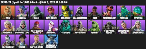 [PC/PSN/XBOX] | 24 skins | 550 V-bucks | Zeus | Medusa | Doom | Brite Raider | Peelverine | Chaos Director | Rust | The Machinist | Poseidon | Full Access