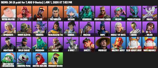 [PC/PSN/XBOX] | 34 skins | 750 V-bucks | Peter Griffin | Valeria | Blaze | The Ageless | Nezumi | Cerberus | Vengeance Jones | Selene | MrBeast6000 | Full Access