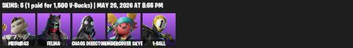 [PC/PSN/XBOX] | 5 skins | 950 V-bucks | Meowdas | Felina | Chaos Director | Undercover Skye | 1-Ball | Blade of the Waning Moon | Flux Silvera | Full Access
