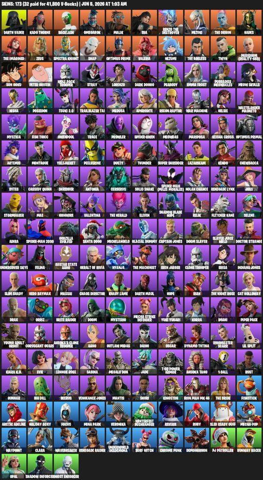[PC] | 173 skins | Raider's Revenge | Renegade Raider | Darth Vader | Kado Thorne | Backlash | Omegarok | Malik | Era | Renzo the Destroyer | Mizuki | Full Access